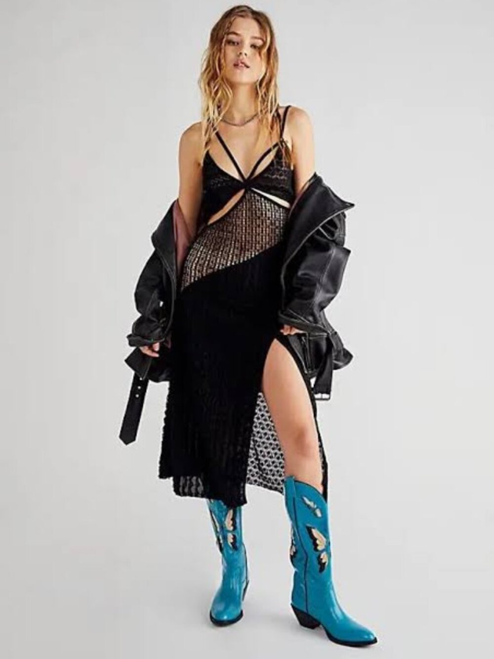 For Love & Lemons Tracy Black Knit Cutout Midi Slit Dress Size M